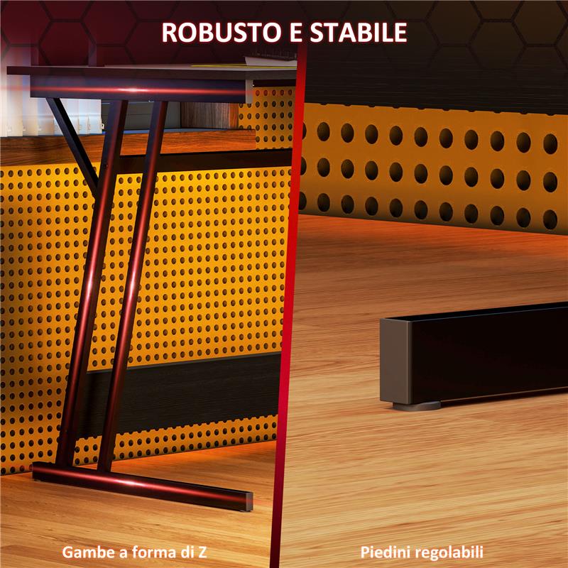 SCRIVANIA GAMING CON LUCI LED E SUPPORTO PER MONITOR IN TRUCIOLATO E ACCIAIO 100X60X88.5 CM NERO