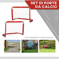 SET 2 PORTE DA CALCIO PIEGHEVOLI DA ESTERNO CON 4 PICCHETTI IN ACCIAIO E TETROLON 90X36X60 CM ROSSO
