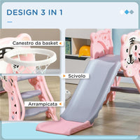 SCIVOLO PER BAMBINI 18-36 MESI CON CANESTRO DA BASKET LATERALE IN PLASTICA, 133X60X70 CM ROSA E GRIGIO