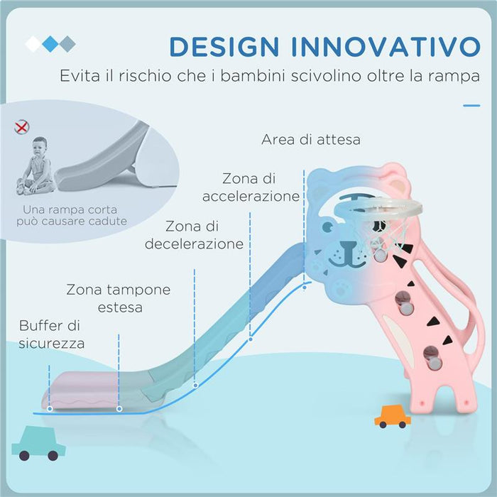 SCIVOLO PER BAMBINI 18-36 MESI CON CANESTRO DA BASKET LATERALE IN PLASTICA, 133X60X70 CM ROSA E GRIGIO