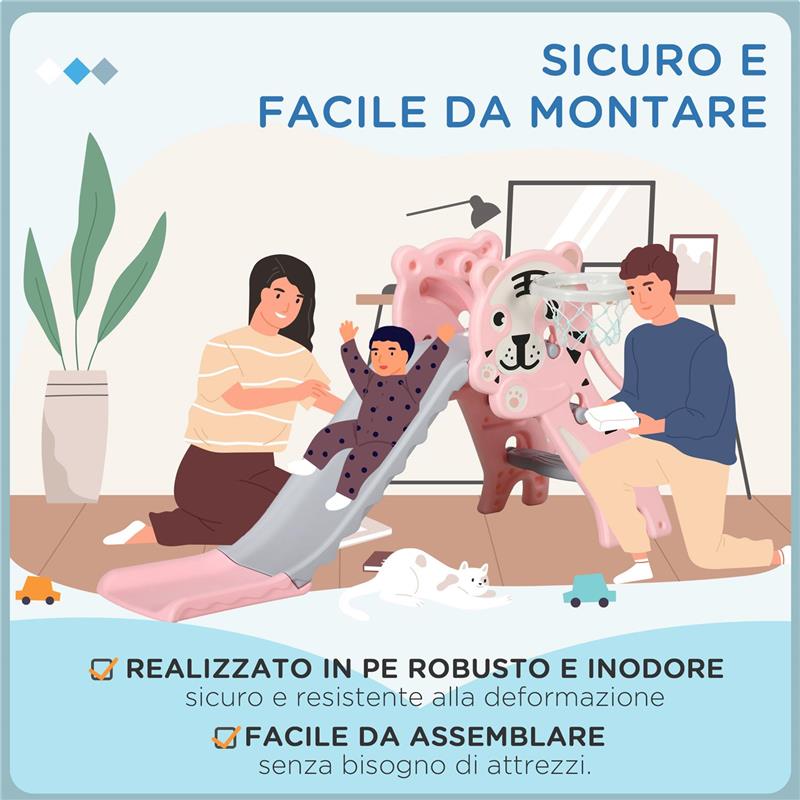 SCIVOLO PER BAMBINI 18-36 MESI CON CANESTRO DA BASKET LATERALE IN PLASTICA, 133X60X70 CM ROSA E GRIGIO