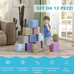 SET 12 CUBI GIOCATTOLO MORBIDI PER BAMBINI 12-36 MESI IN PU ED EPE 20X20X20 CM MULTICOLORE