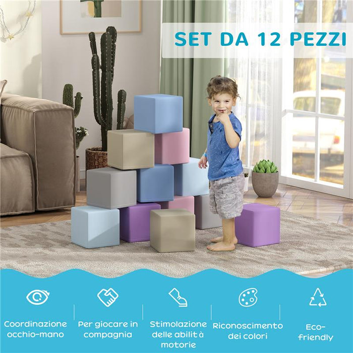 SET 12 CUBI GIOCATTOLO MORBIDI PER BAMBINI 12-36 MESI IN PU ED EPE 20X20X20 CM MULTICOLORE