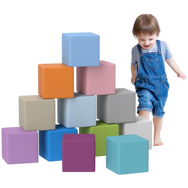 SET 12 CUBI GIOCATTOLO MORBIDI PER BAMBINI 12-36 MESI IN PU ED EPE 20X20X20 CM MULTICOLORE