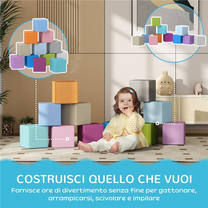 SET 12 CUBI GIOCATTOLO MORBIDI PER BAMBINI 12-36 MESI IN PU ED EPE 20X20X20 CM MULTICOLORE