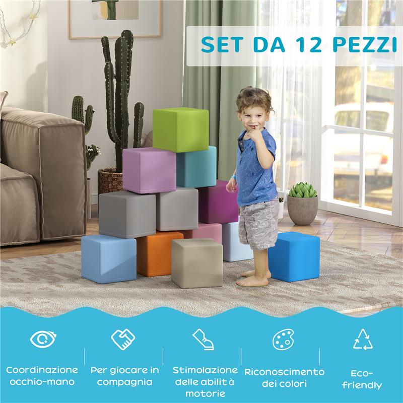 SET 12 CUBI GIOCATTOLO MORBIDI PER BAMBINI 12-36 MESI IN PU ED EPE 20X20X20 CM MULTICOLORE