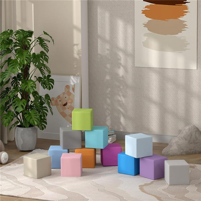 SET 12 CUBI GIOCATTOLO MORBIDI PER BAMBINI 12-36 MESI IN PU ED EPE 20X20X20 CM MULTICOLORE