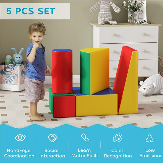 SET COSTRUZIONI MORBIDE PER BIMBI 1-3 ANNI CON 5 BLOCCHI COLORATI IN FINTA PELLE E SCHIUMA MULTICOLORE