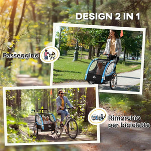 RIMORCHIO BICI PER BAMBINI E PASSEGGINO 2 IN 1 CON CINTURA TASCHE E BANDIERINA BLU