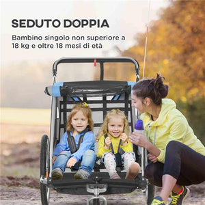 RIMORCHIO BICI PER BAMBINI E PASSEGGINO 2 IN 1 CON CINTURA TASCHE E BANDIERINA BLU