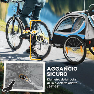RIMORCHIO BICI PER BAMBINI E PASSEGGINO 2 IN 1 CON CINTURA TASCHE E BANDIERINA BLU