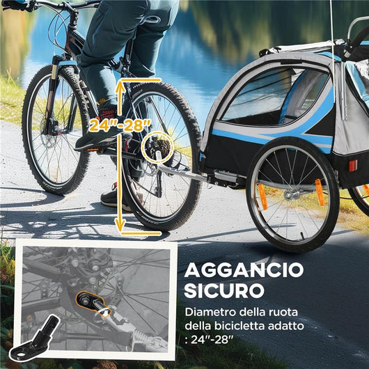 RIMORCHIO BICI PER BAMBINI E PASSEGGINO 2 IN 1 CON CINTURA TASCHE E BANDIERINA BLU