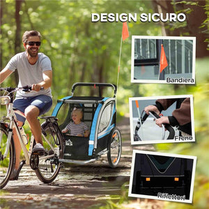 RIMORCHIO BICI PER BAMBINI E PASSEGGINO 2 IN 1 CON CINTURA TASCHE E BANDIERINA BLU
