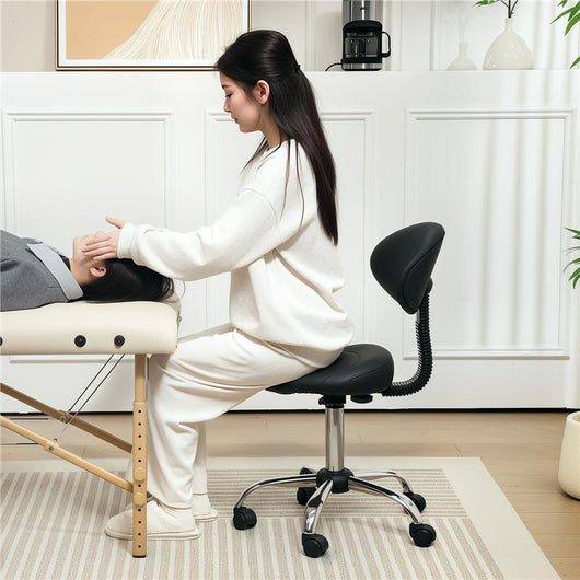 SGABELLO ESTETISTA CON RUOTE E SCHIENALE ALTEZZA REGOLABILE E SEDUTA GIREVOLE IN FINTA PELLE NERO