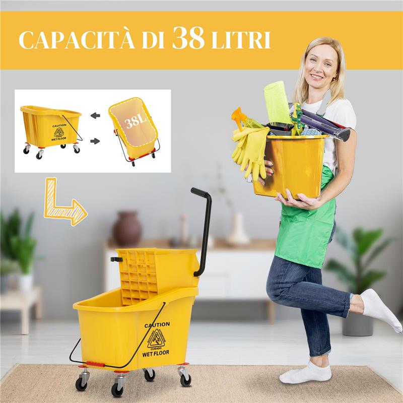 SECCHIO LAVAPAVIMENTI PROFESSIONALE 36L CON MOCIO STRIZZATORE RUOTE E MANICO 55X37X65 CM GIALLO