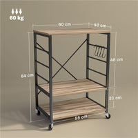 SCAFFALE DA CUCINA A 3 LIVELLI STILE INDUSTRIALE CON RUOTE E 4 GANCI STRUTTURA IN ACCIAIO 60X40X84 CM TEAK