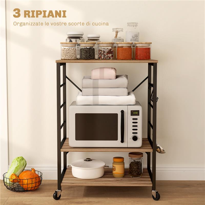 SCAFFALE DA CUCINA A 3 LIVELLI STILE INDUSTRIALE CON RUOTE E 4 GANCI STRUTTURA IN ACCIAIO 60X40X84 CM TEAK
