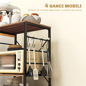 SCAFFALE DA CUCINA A 3 LIVELLI STILE INDUSTRIALE CON RUOTE E 4 GANCI STRUTTURA IN ACCIAIO 60X40X84 CM TEAK