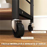 SCAFFALE DA CUCINA A 3 LIVELLI STILE INDUSTRIALE CON RUOTE E 4 GANCI STRUTTURA IN ACCIAIO 60X40X84 CM TEAK