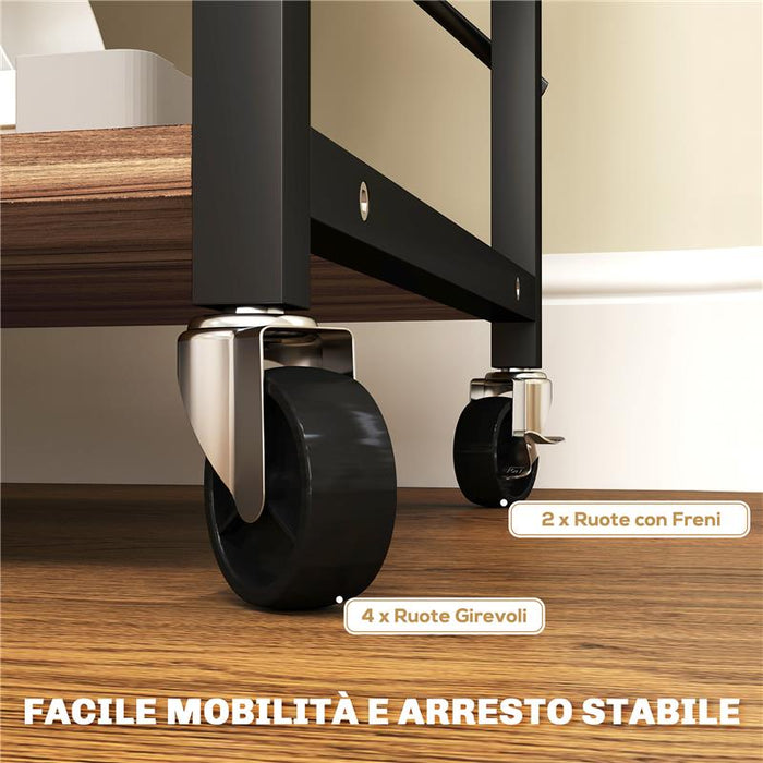 SCAFFALE DA CUCINA A 3 LIVELLI STILE INDUSTRIALE CON RUOTE E 4 GANCI STRUTTURA IN ACCIAIO 60X40X84 CM TEAK