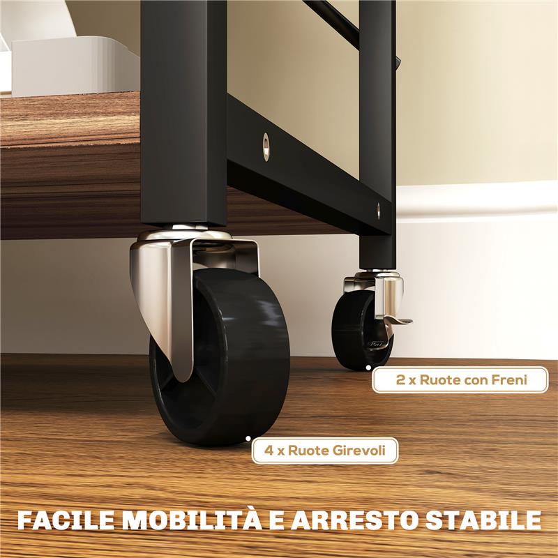 SCAFFALE DA CUCINA A 3 LIVELLI STILE INDUSTRIALE CON RUOTE E 4 GANCI STRUTTURA IN ACCIAIO 60X40X84 CM TEAK