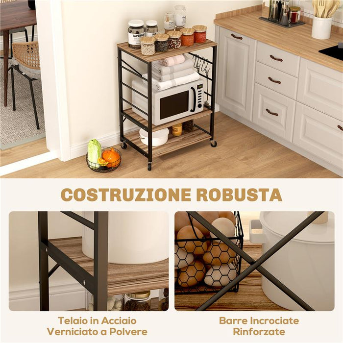 SCAFFALE DA CUCINA A 3 LIVELLI STILE INDUSTRIALE CON RUOTE E 4 GANCI STRUTTURA IN ACCIAIO 60X40X84 CM TEAK