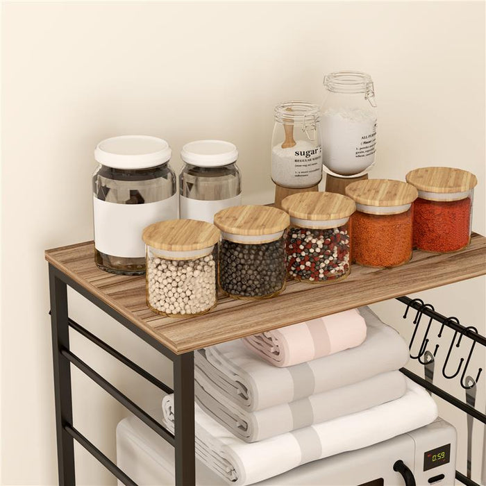 SCAFFALE DA CUCINA A 3 LIVELLI STILE INDUSTRIALE CON RUOTE E 4 GANCI STRUTTURA IN ACCIAIO 60X40X84 CM TEAK