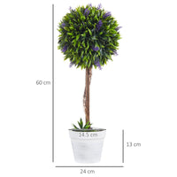 SET 2 PIANTE ARTIFICIALI VERDI A SFERA CON FIORI DI LAVANDA E VASO CON MUSCHIO E CEMENTO Ø 24X60 CM