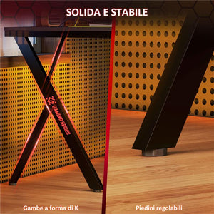 SCRIVANIA GAMING CON LUCI LED RGB REGOLABILI E GAMBE A K IN LEGNO E ACCIAIO 120X60X75 CM NERO
