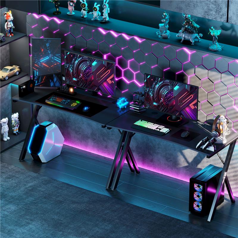 SCRIVANIA GAMING CON LUCI LED RGB REGOLABILI E GAMBE A K IN LEGNO E ACCIAIO 120X60X75 CM NERO