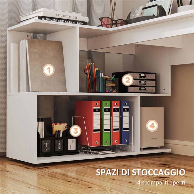 SCRIVANIA ANGOLARE MODERNA PER UFFICIO CON 4 RIPIANI IN LEGNO BIANCO 120X100X77 CM