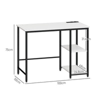 SCRIVANIA CON SCAFFALE A 2 LIVELLI E PRESE DI RICARICA IN LEGNO E METALLO 100X50X75 CM BIANCA E NERA