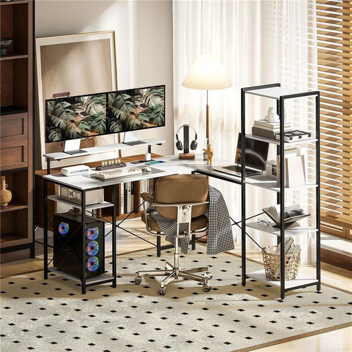 SCRIVANIA ANGOLARE CON PRESA ELETTRICA E USB SCAFFALE E SUPPORTO PER MONITOR BIANCO E NERO