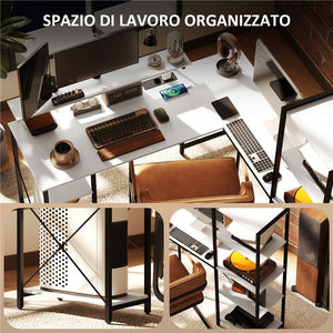 SCRIVANIA ANGOLARE CON PRESA ELETTRICA E USB SCAFFALE E SUPPORTO PER MONITOR BIANCO E NERO