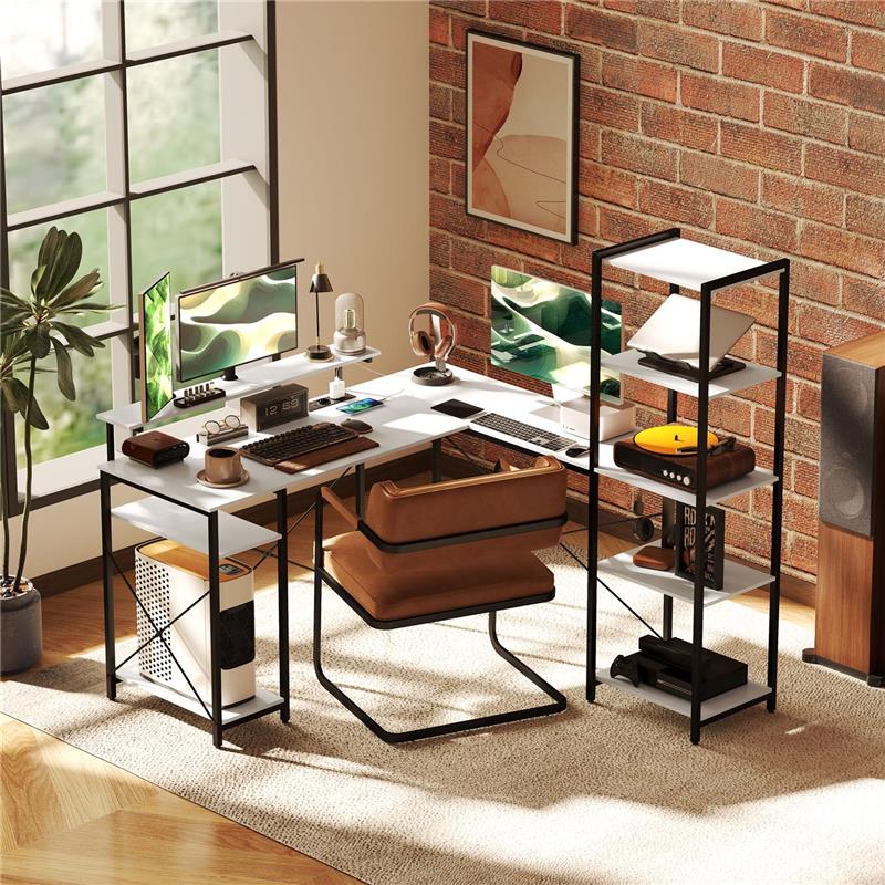 SCRIVANIA ANGOLARE CON PRESA ELETTRICA E USB SCAFFALE E SUPPORTO PER MONITOR BIANCO E NERO