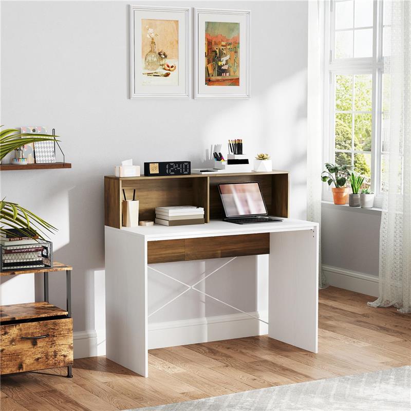 SCRIVANIA PC MODERNA CON PIANO RIALZATO E 2 RIPIANI IN TRUCIOLATO 110X50X102.6 CM BIANCO MARRONE E NOCE