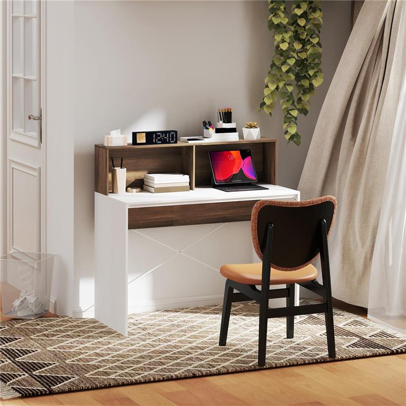 SCRIVANIA PC MODERNA CON PIANO RIALZATO E 2 RIPIANI IN TRUCIOLATO 110X50X102.6 CM BIANCO MARRONE E NOCE