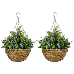 SET 2 PIANTE FINTE DI LAVANDA CON VASO E GANCIO IN PE E VIMINI Ø 25X34 CM VERDE E VIOLA