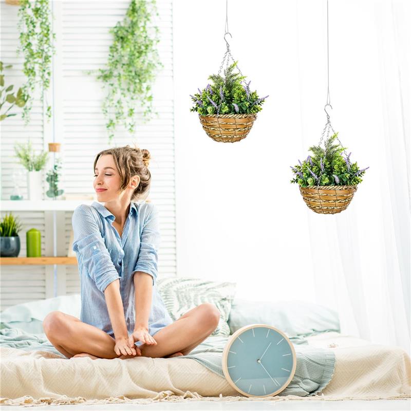 SET 2 PIANTE FINTE DI LAVANDA CON VASO E GANCIO IN PE E VIMINI Ø 25X34 CM VERDE E VIOLA