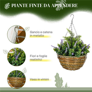 SET 2 PIANTE FINTE DI LAVANDA CON VASO E GANCIO IN PE E VIMINI Ø 25X34 CM VERDE E VIOLA