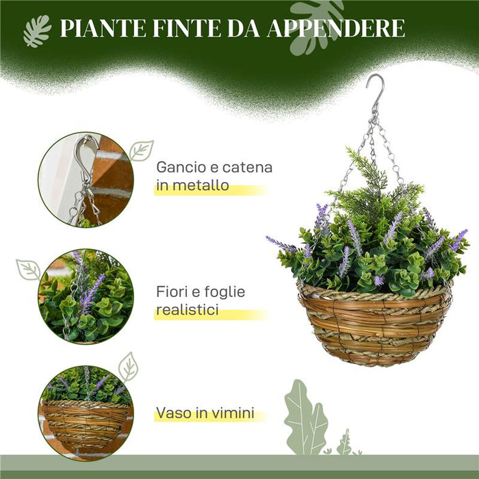 SET 2 PIANTE FINTE DI LAVANDA CON VASO E GANCIO IN PE E VIMINI Ø 25X34 CM VERDE E VIOLA
