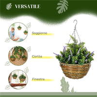 SET 2 PIANTE FINTE DI LAVANDA CON VASO E GANCIO IN PE E VIMINI Ø 25X34 CM VERDE E VIOLA