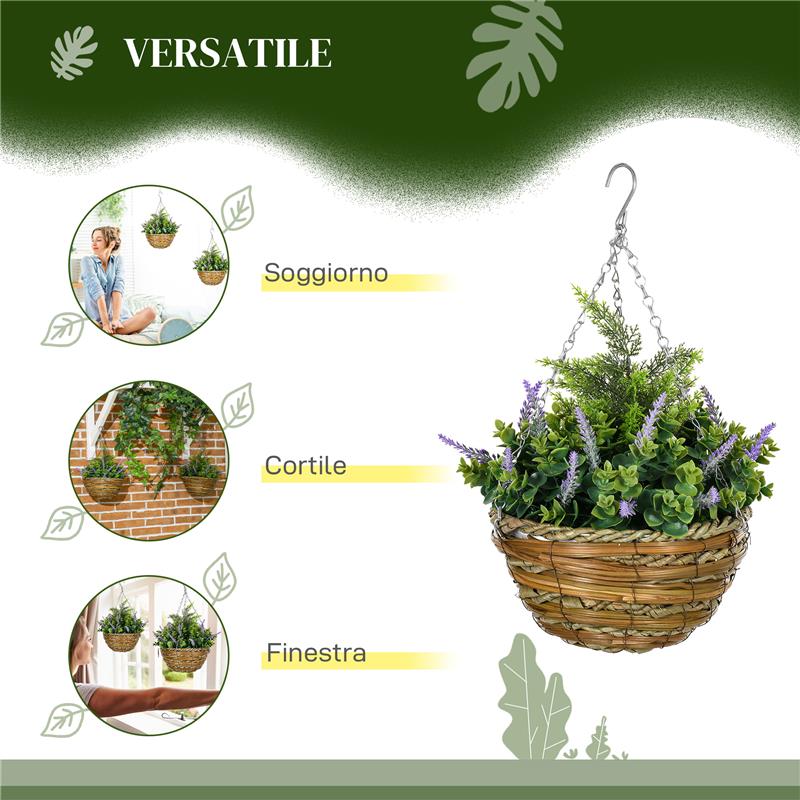 SET 2 PIANTE FINTE DI LAVANDA CON VASO E GANCIO IN PE E VIMINI Ø 25X34 CM VERDE E VIOLA