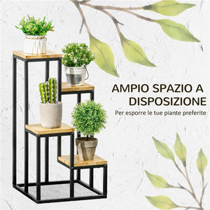 SCAFFALE PER PIANTE A 4 LIVELLI IN METALLO E LEGNO PER INTERNI ED ESTERNI 34X34X66 CM