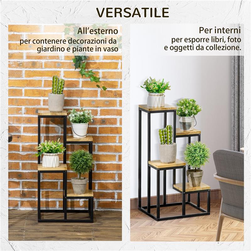 SCAFFALE PER PIANTE A 4 LIVELLI IN METALLO E LEGNO PER INTERNI ED ESTERNI 34X34X66 CM