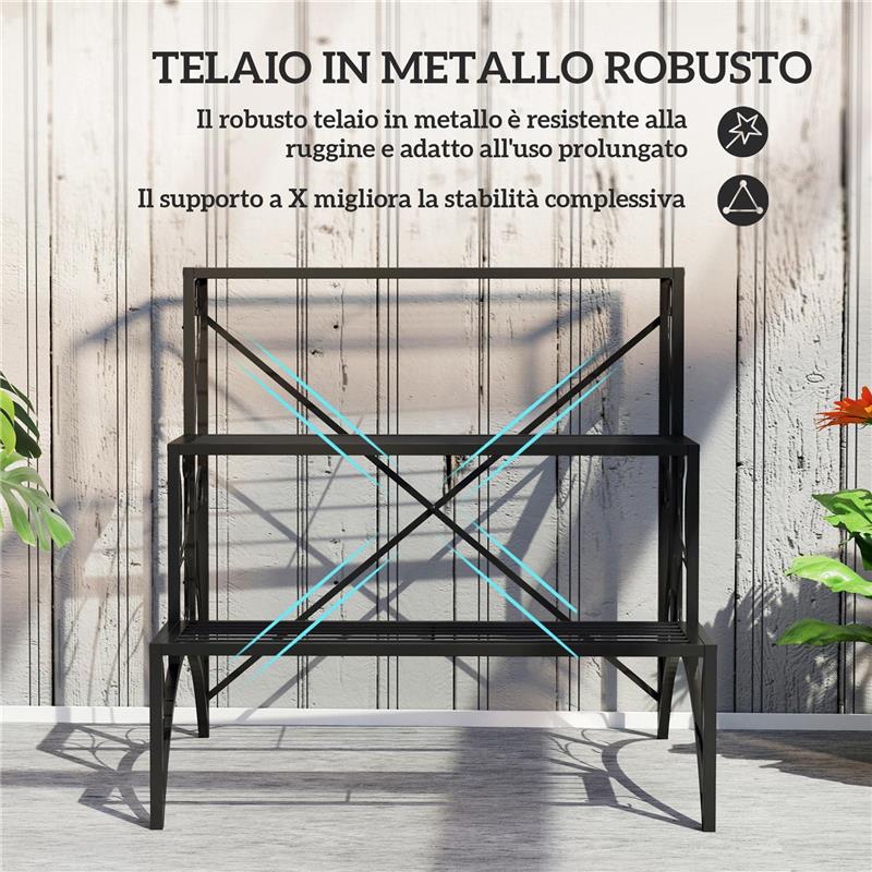 SCAFFALE PORTA PIANTE A 3 LIVELLI A SCALETTA PER INTERNO ED ESTERNO IN METALLO 60X60X60 CM NERO
