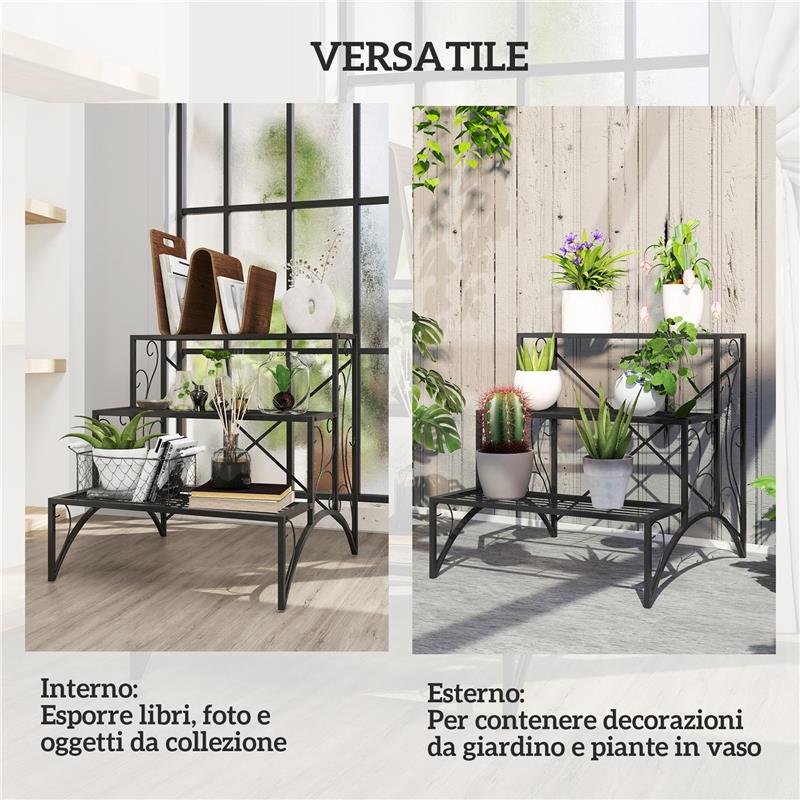 SCAFFALE PORTA PIANTE A 3 LIVELLI A SCALETTA PER INTERNO ED ESTERNO IN METALLO 60X60X60 CM NERO