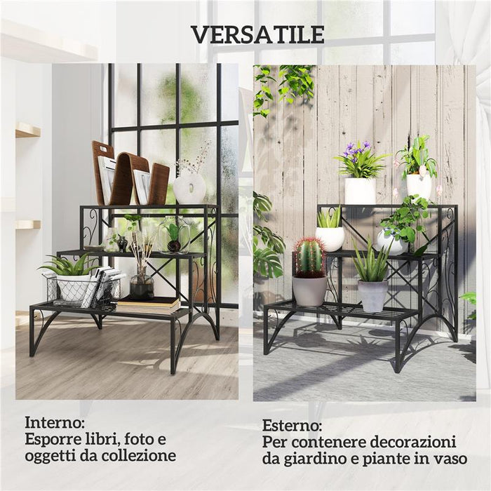 SCAFFALE PORTA PIANTE A 3 LIVELLI A SCALETTA PER INTERNO ED ESTERNO IN METALLO 60X60X60 CM NERO