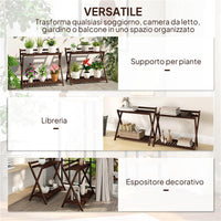 SET 2 PORTAPIANTE A 2 LIVELLI CON DESIGN A DOGHE IN LEGNO DI ABETE 73X36X64 CM MARRONE BRUCIATO
