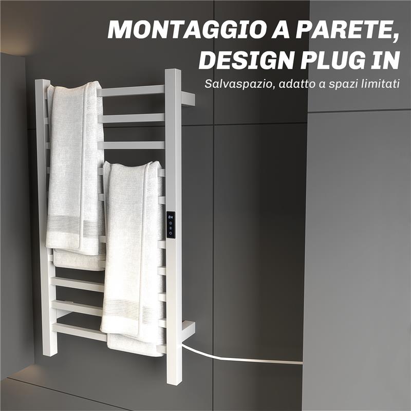 SCALDASALVIETTE ELETTRICO SMART A 10 BARRE CON TIMER E DISPLAY LCD IN ACCIAIO INOX 45X11X80 CM BIANCO